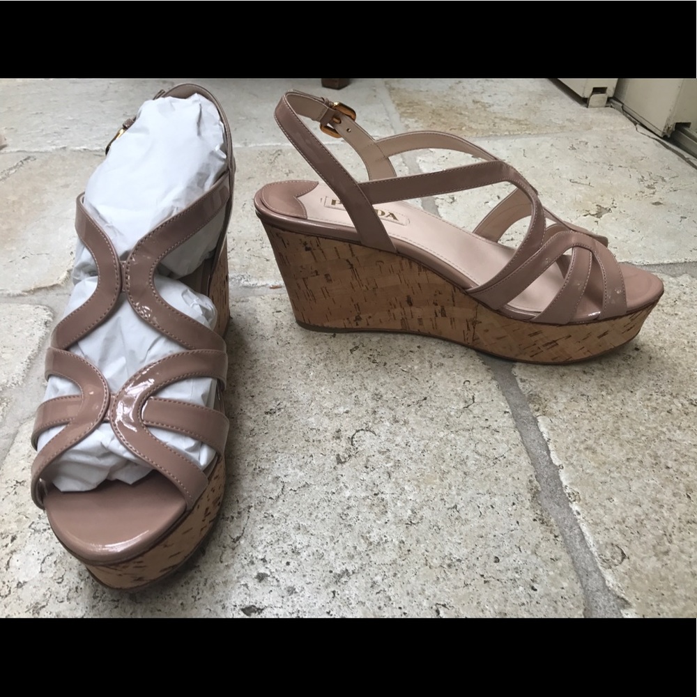 Prada nude patent cork heel wedges